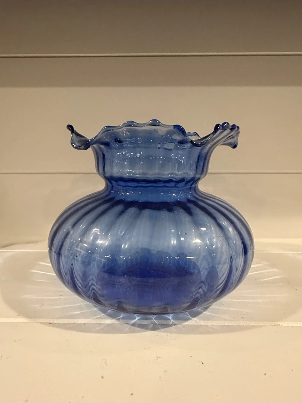 Vintage looking Blue Ruffled Glass Vase - Decorative Home Accent